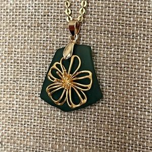 Hand Crafted Green Sea Glass Necklace Pendant with a Gold Flower